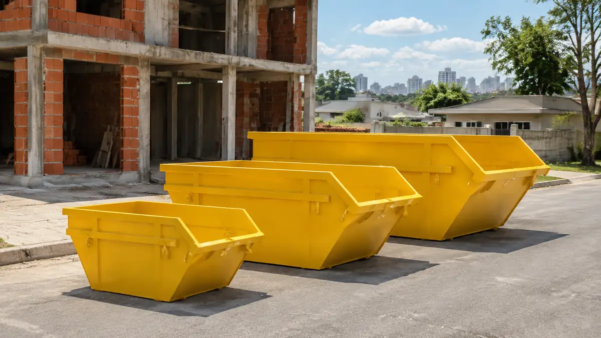 Três caçambas de tamanhos diferentes em uma obra residencial